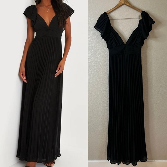 NWOT Ideal Occasion Black Pleated Flutter Sleeve Backless Maxi Dress - Picture 1 of 9